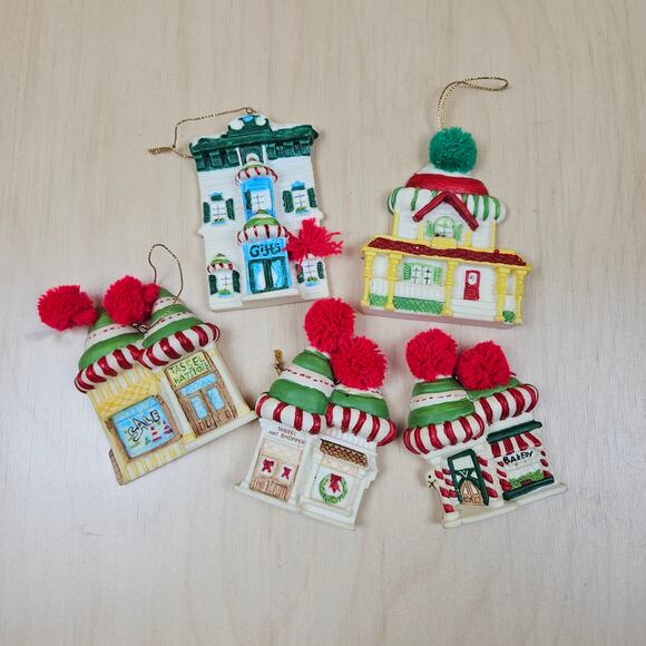 Christmas Village Ornaments 5 Holiday, Assorted Buildings 4" Tall Red Green - Picture 2 of 8